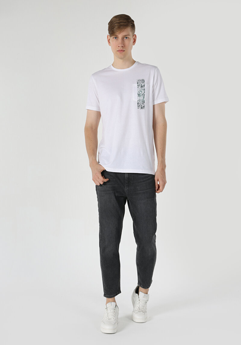 Regular Fit Yuvarlak Yaka Baskılı Erkek Beyaz Kısa Kol Tişört