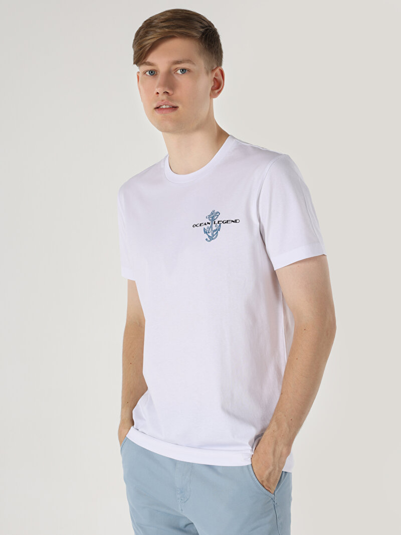 Regular Fit Yuvarlak Yaka Baskılı Erkek Beyaz Kısa Kol Tişört