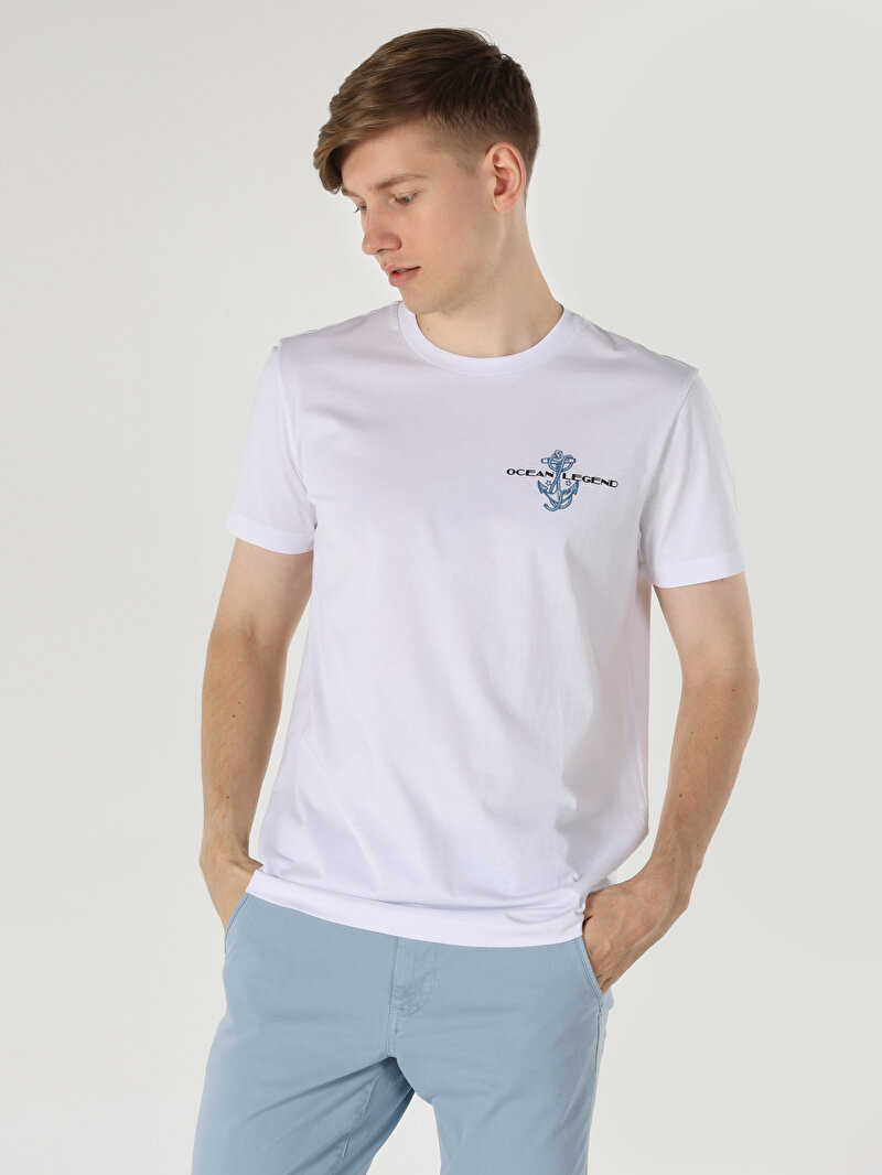 Regular Fit Yuvarlak Yaka Baskılı Erkek Beyaz Kısa Kol Tişört