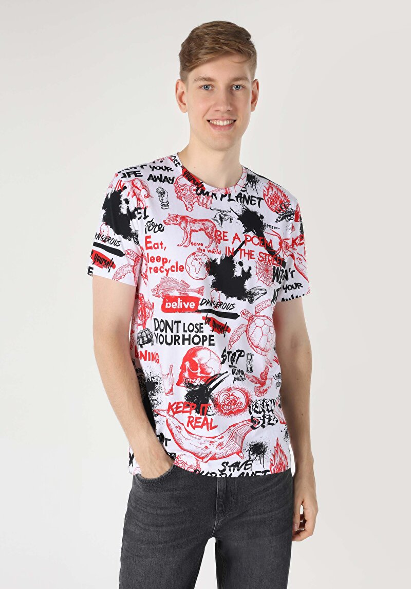 Regular Fit Yuvarlak Yaka Baskılı Erkek Beyaz Kısa Kol Tişört