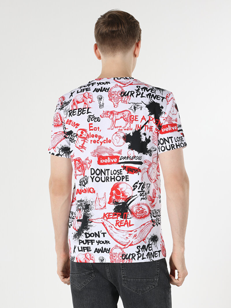 Regular Fit Yuvarlak Yaka Baskılı Erkek Beyaz Kısa Kol Tişört