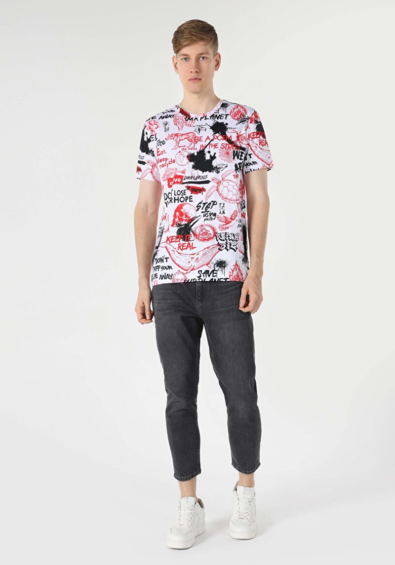 Regular Fit Yuvarlak Yaka Baskılı Erkek Beyaz Kısa Kol Tişört