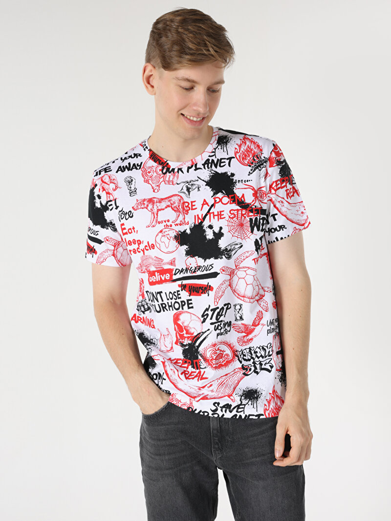 Regular Fit Yuvarlak Yaka Baskılı Erkek Beyaz Kısa Kol Tişört