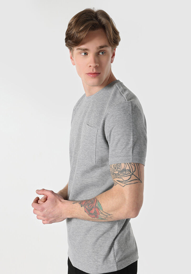 Regular Fit Yuvarlak Yaka Jakarlı Erkek Gri Kısa Kol Tişört