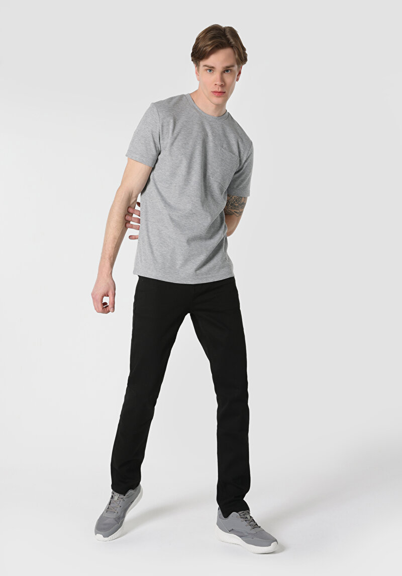 Regular Fit Yuvarlak Yaka Jakarlı Erkek Gri Kısa Kol Tişört