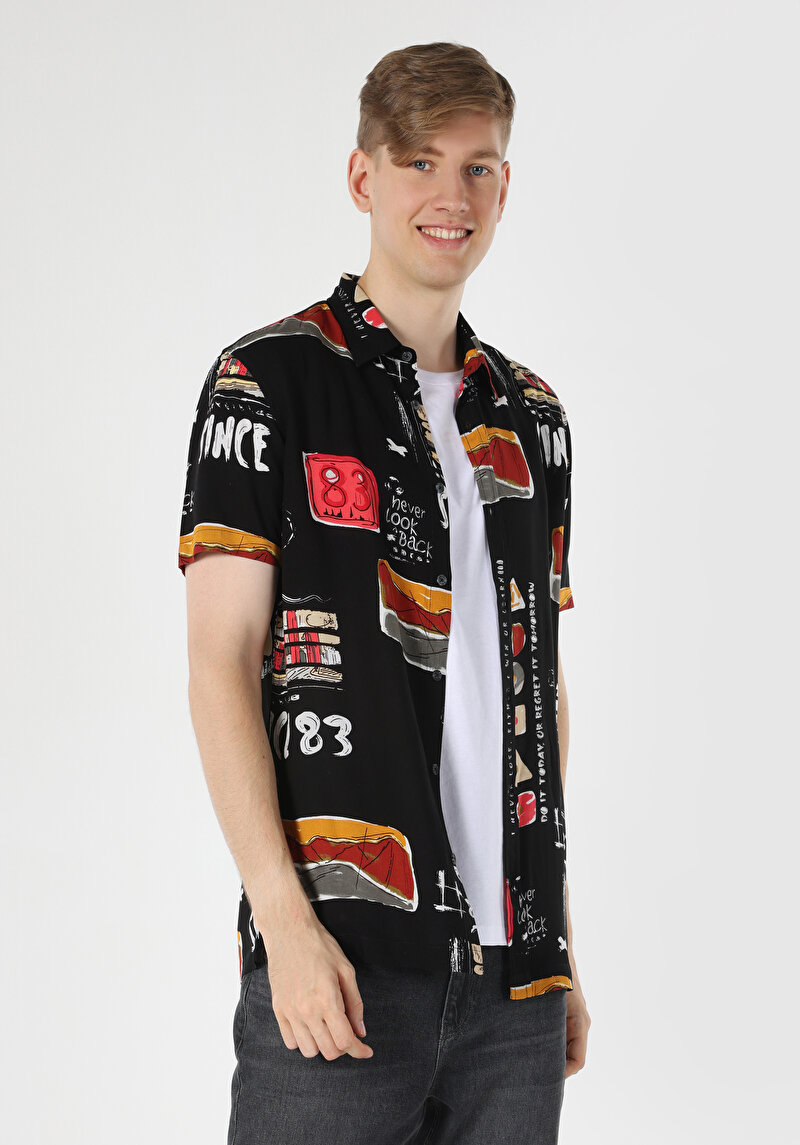 Regular Fit Viskoz Shirt Neck Baskılı Cepsiz Erkek Siyah Kısa Kol Gömlek