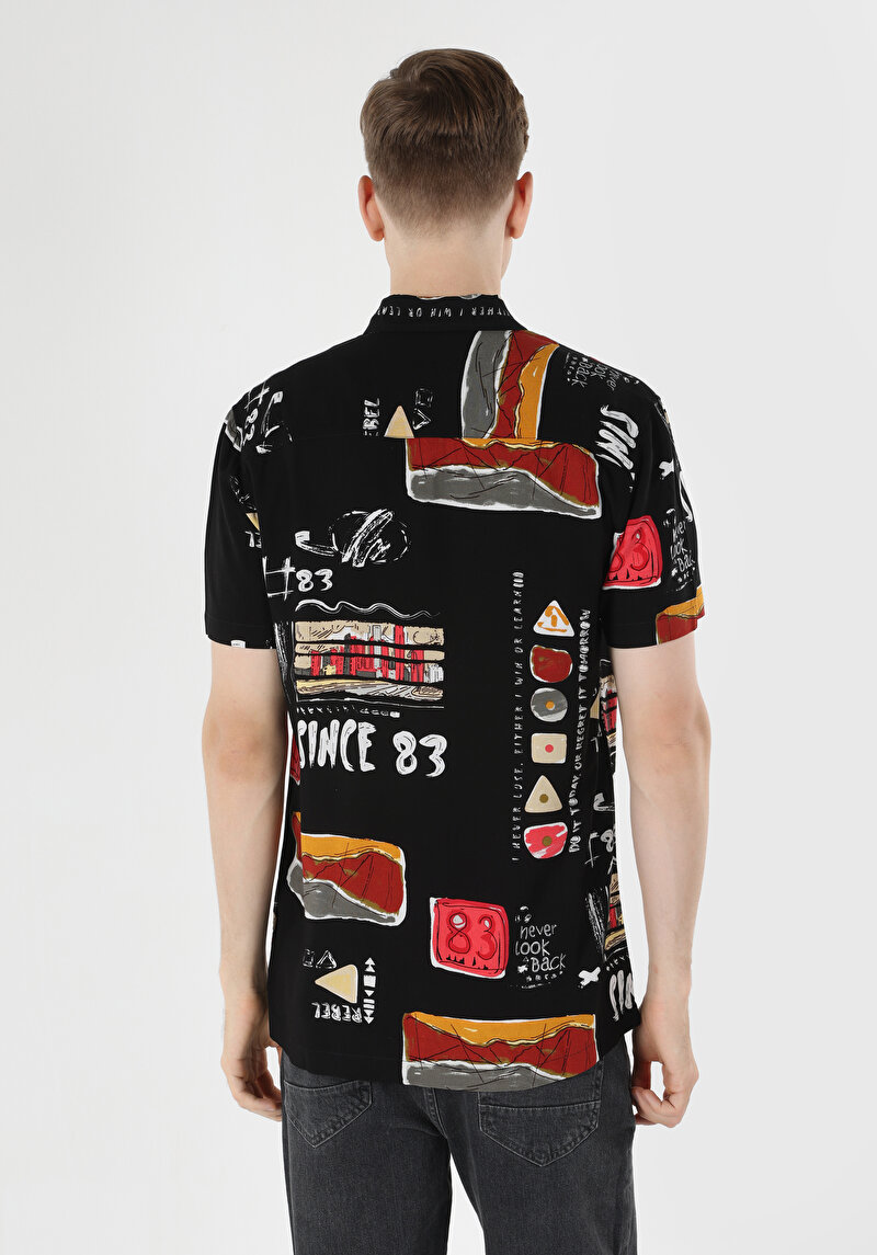 Regular Fit Viskoz Shirt Neck Baskılı Cepsiz Erkek Siyah Kısa Kol Gömlek
