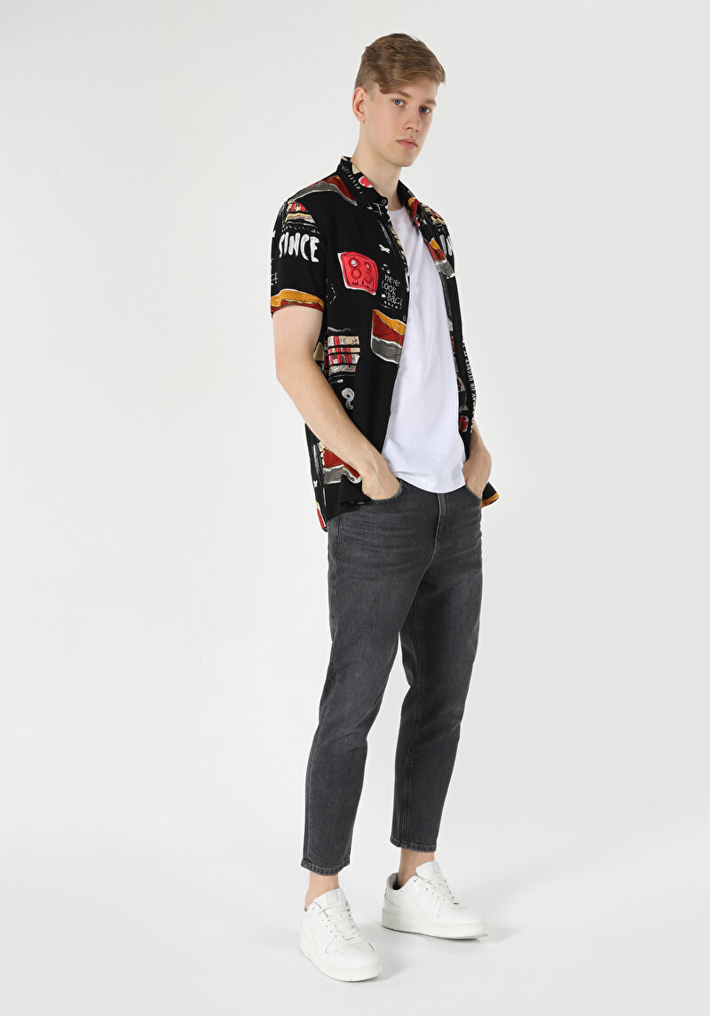 Regular Fit Viskoz Shirt Neck Baskılı Cepsiz Erkek Siyah Kısa Kol Gömlek