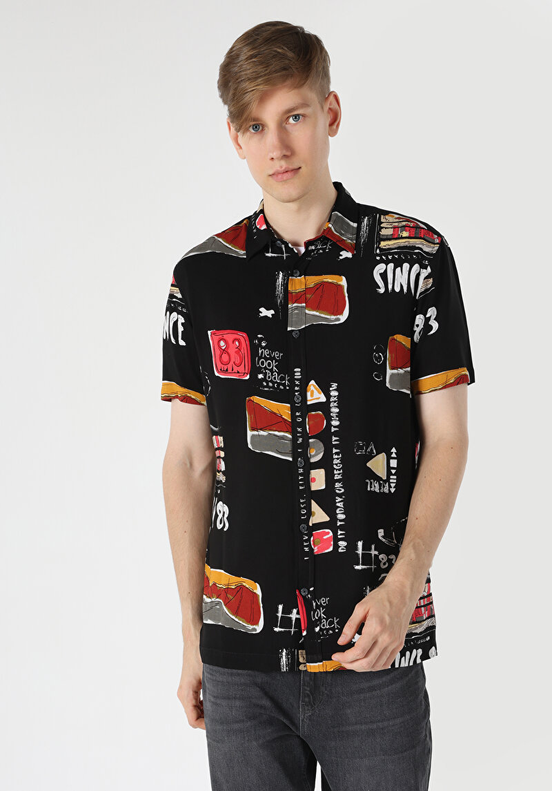 Regular Fit Viskoz Shirt Neck Baskılı Cepsiz Erkek Siyah Kısa Kol Gömlek