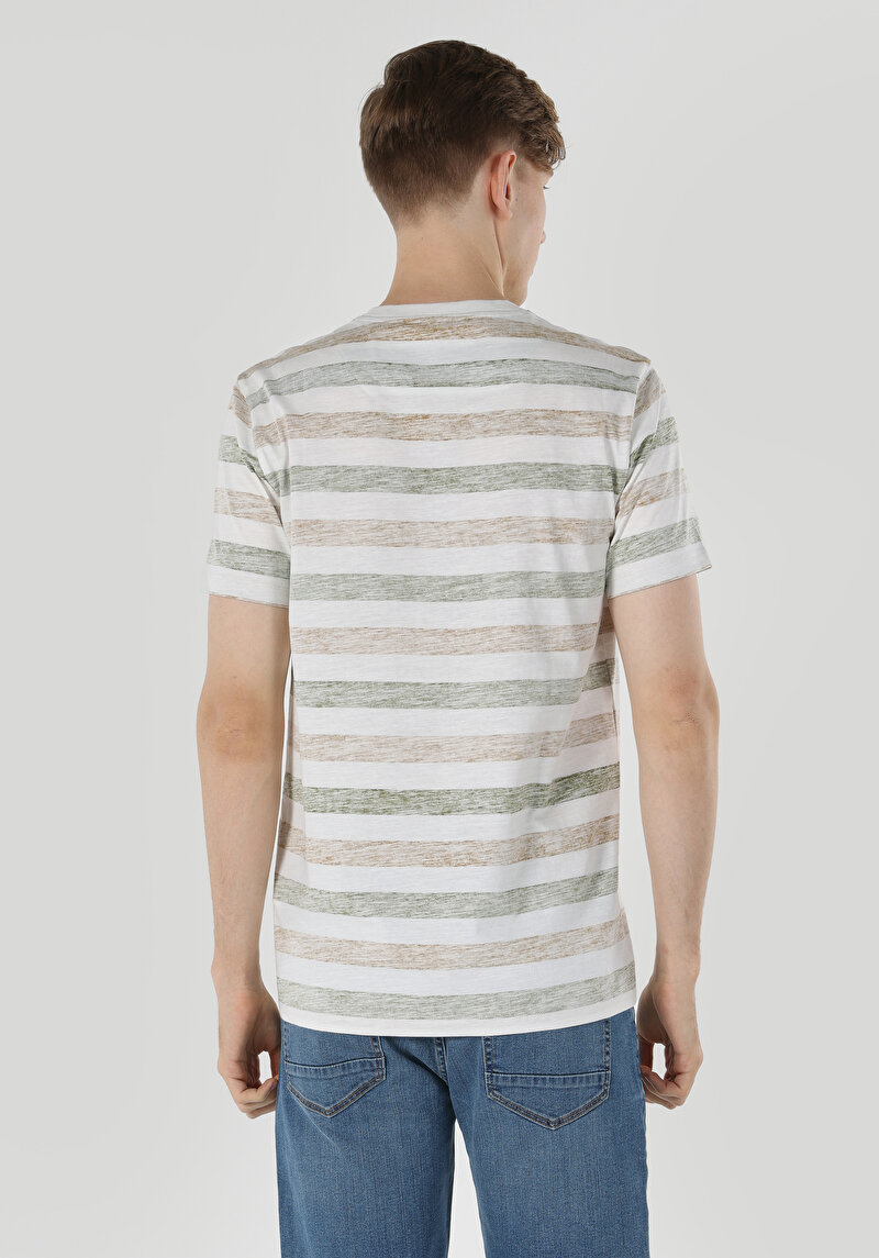 Regular Fit Yuvarlak Yaka Çizgili Erkek Yeşil Kısa Kol Tişört