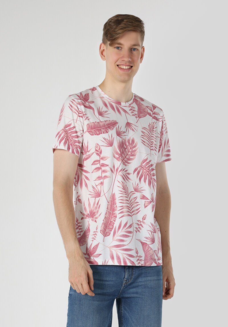 Regular Fit Yuvarlak Yaka Baskılı Erkek Beyaz Kısa Kol Tişört