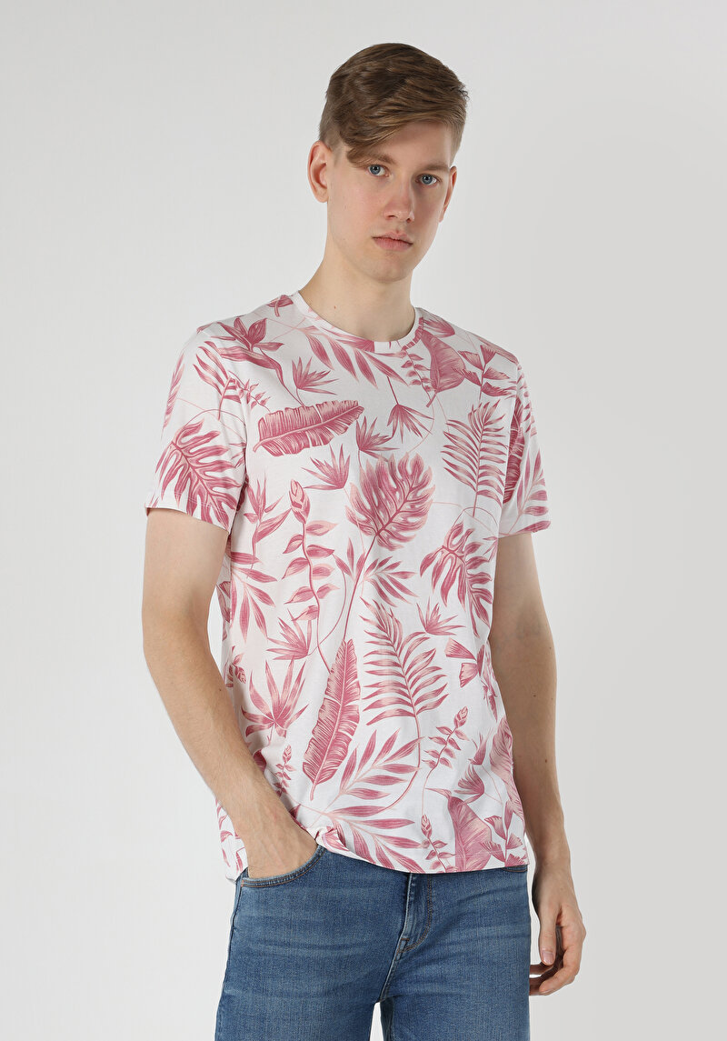 Regular Fit Yuvarlak Yaka Baskılı Erkek Beyaz Kısa Kol Tişört