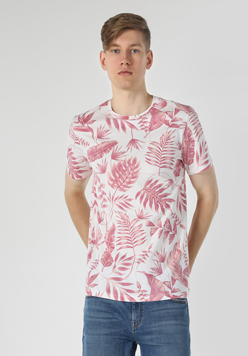 Regular Fit Yuvarlak Yaka Baskılı Erkek Beyaz Kısa Kol Tişört