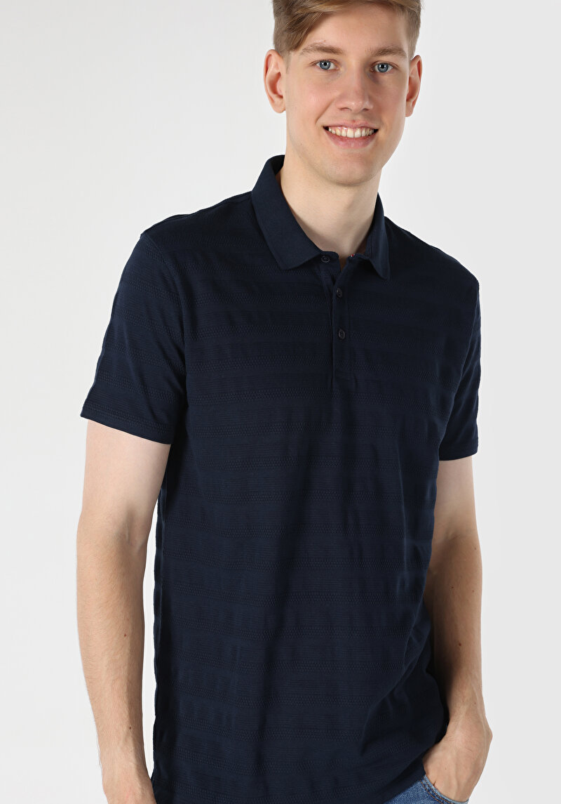 Regular Fit Polo Yaka Jakarlı Erkek Lacivert Kısa Kol Tişört