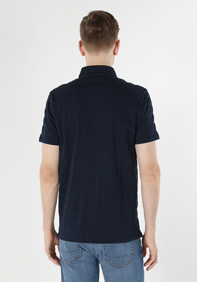 Regular Fit Polo Yaka Jakarlı Erkek Lacivert Kısa Kol Tişört