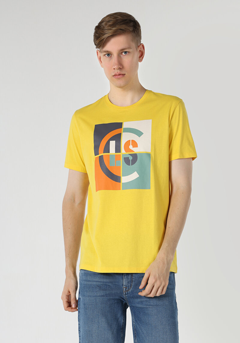 Regular Fit Yuvarlak Yaka Düz Erkek Sari Kısa Kol Tişört