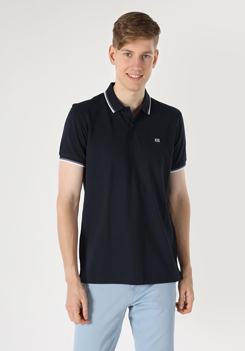 Regular Fit Polo Yaka Düz Erkek Lacivert Pamuklu Kısa Kol Tişört
