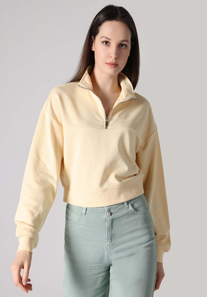 Regular Fit Fermuarlı Düz Kadın Sari Sweatshirt
