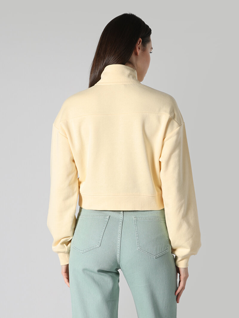Regular Fit Fermuarlı Düz Kadın Sari Sweatshirt