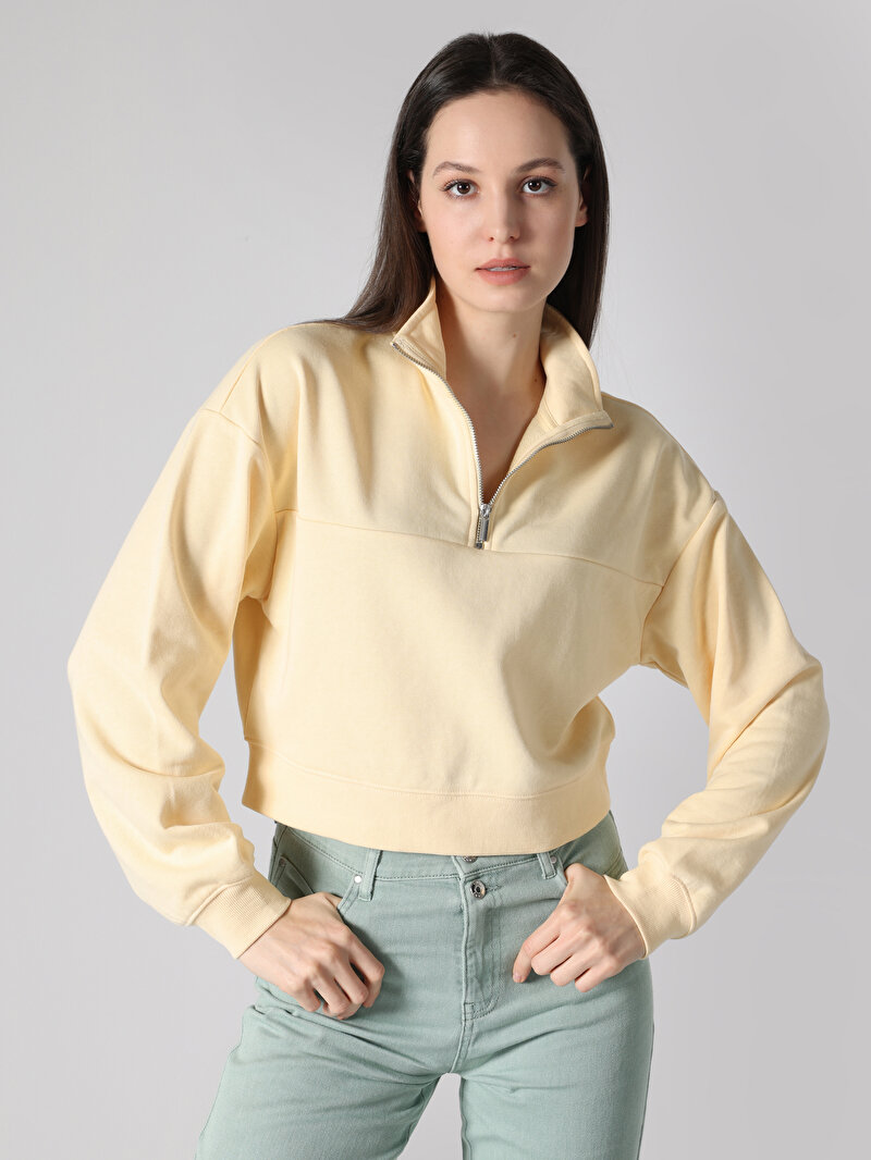 Regular Fit Fermuarlı Düz Kadın Sari Sweatshirt
