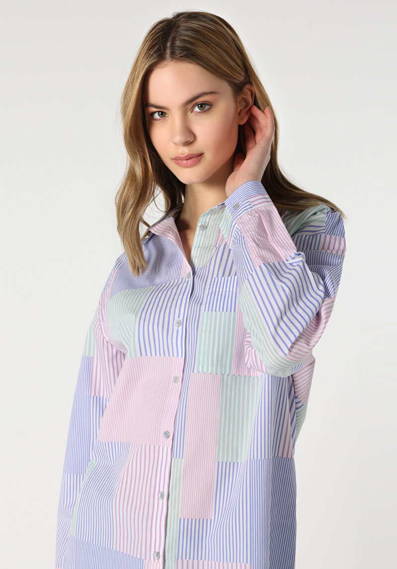 Relaxed Fit Shirt Neck  Kadın Çok Renkli Uzun Kol Gömlek Cl1062921