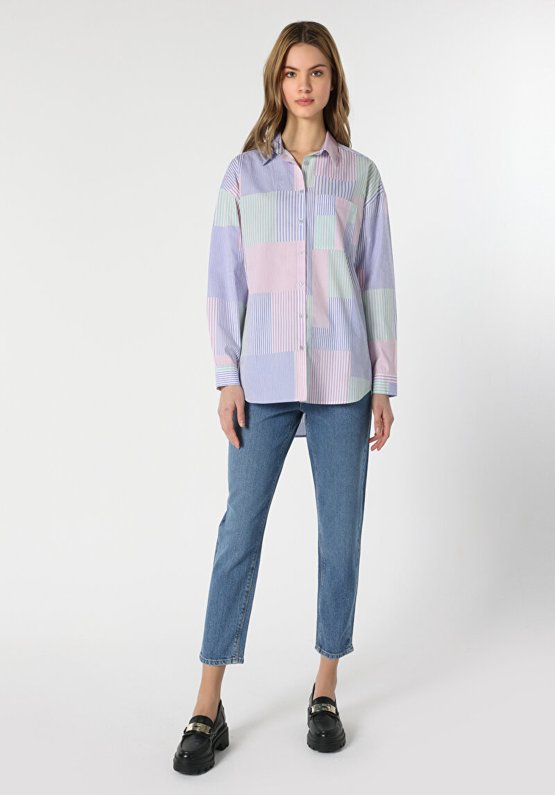 Relaxed Fit Shirt Neck  Kadın Çok Renkli Uzun Kol Gömlek Cl1062921
