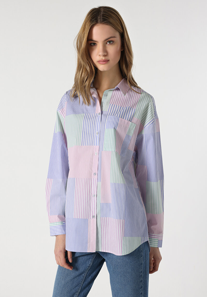 Relaxed Fit Shirt Neck  Kadın Çok Renkli Uzun Kol Gömlek Cl1062921