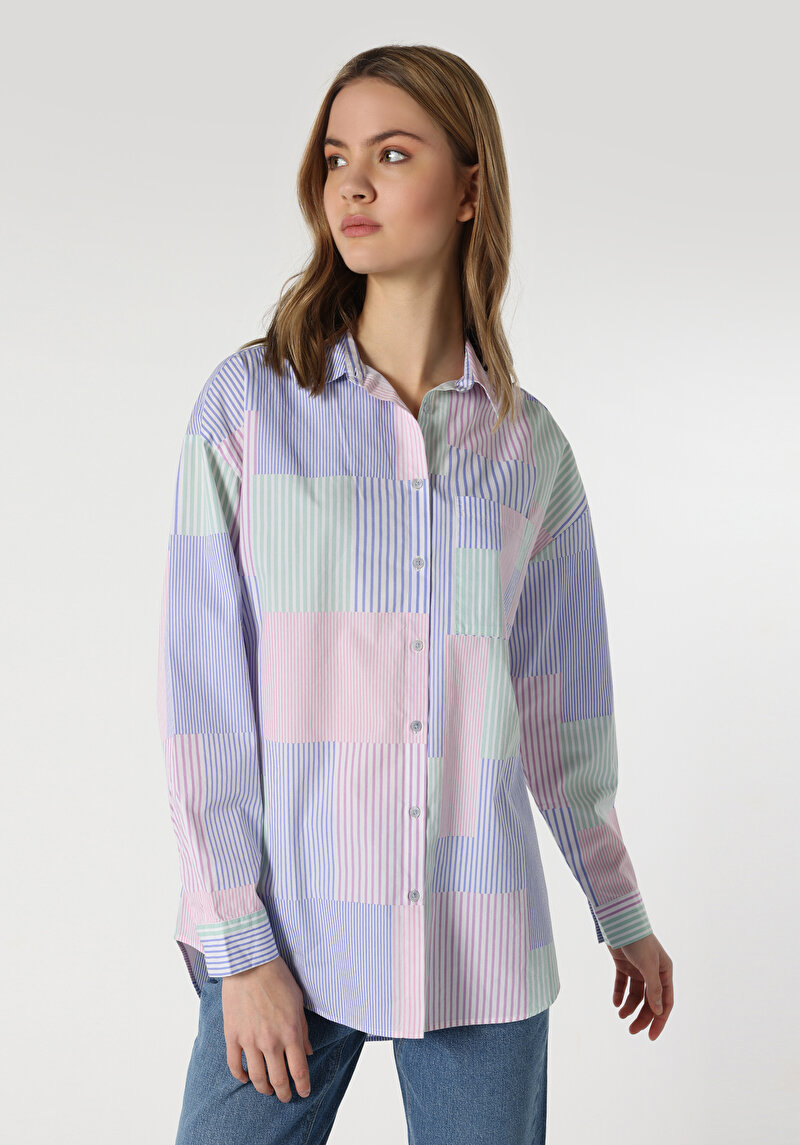 Relaxed Fit Shirt Neck  Kadın Çok Renkli Uzun Kol Gömlek Cl1062921