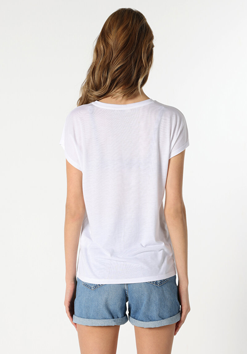 Regular Fit Yuvarlak Yaka Baskılı Kadın Beyaz Kısa Kol Tişört