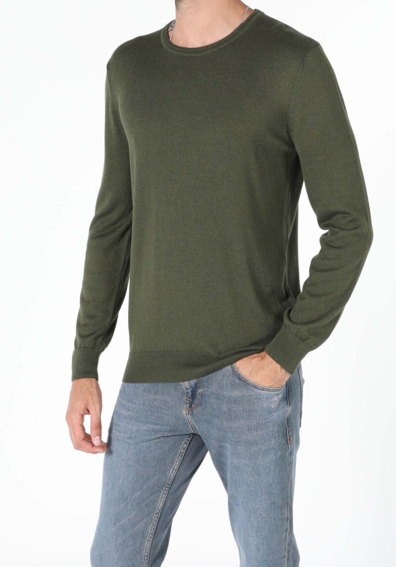 Regular Fit Yuvarlak Yaka Erkek Yeşil Kazak