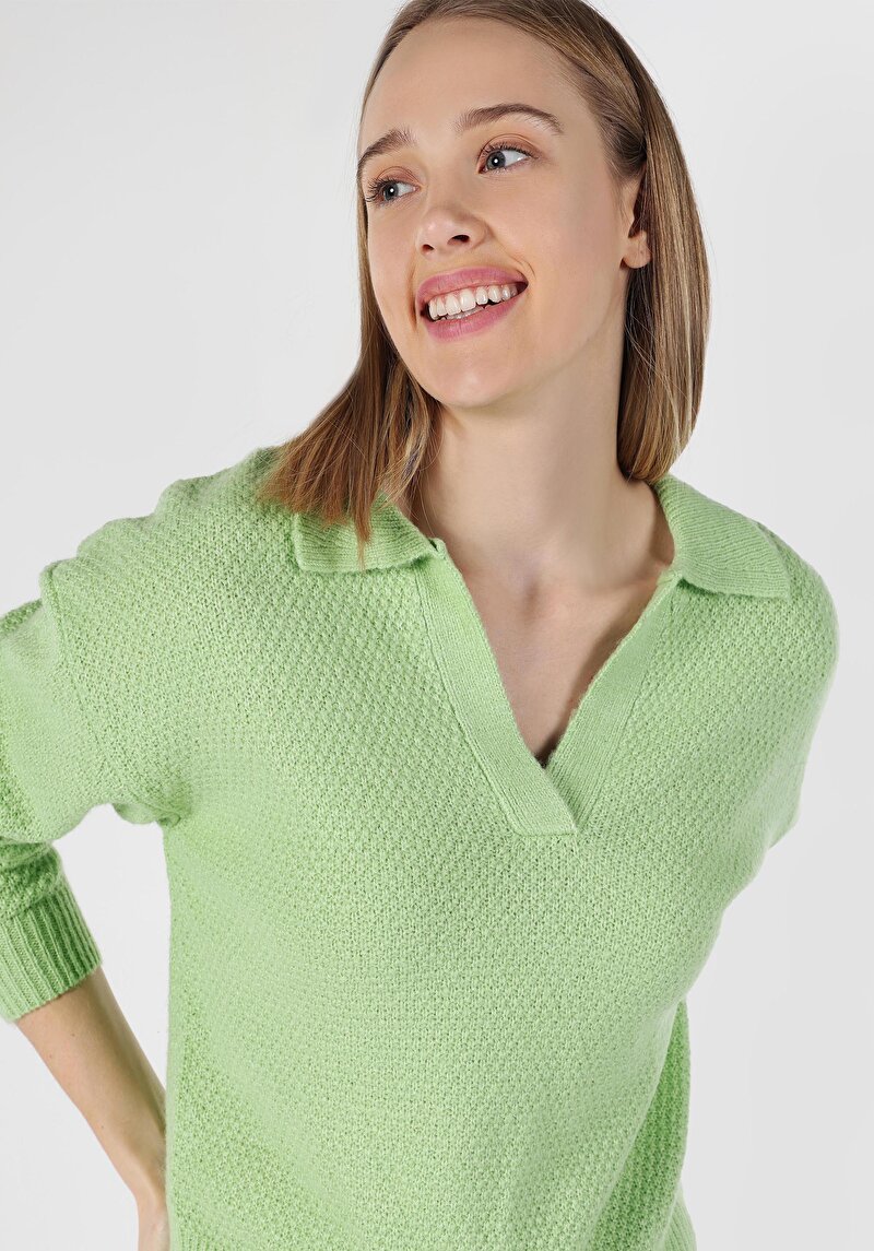 Regular Fit Polo Yaka Düz Kadın Yeşil Kazak