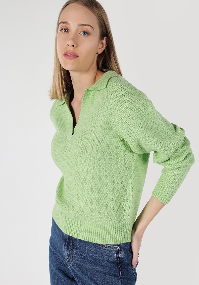 Regular Fit Polo Yaka Düz Kadın Yeşil Kazak