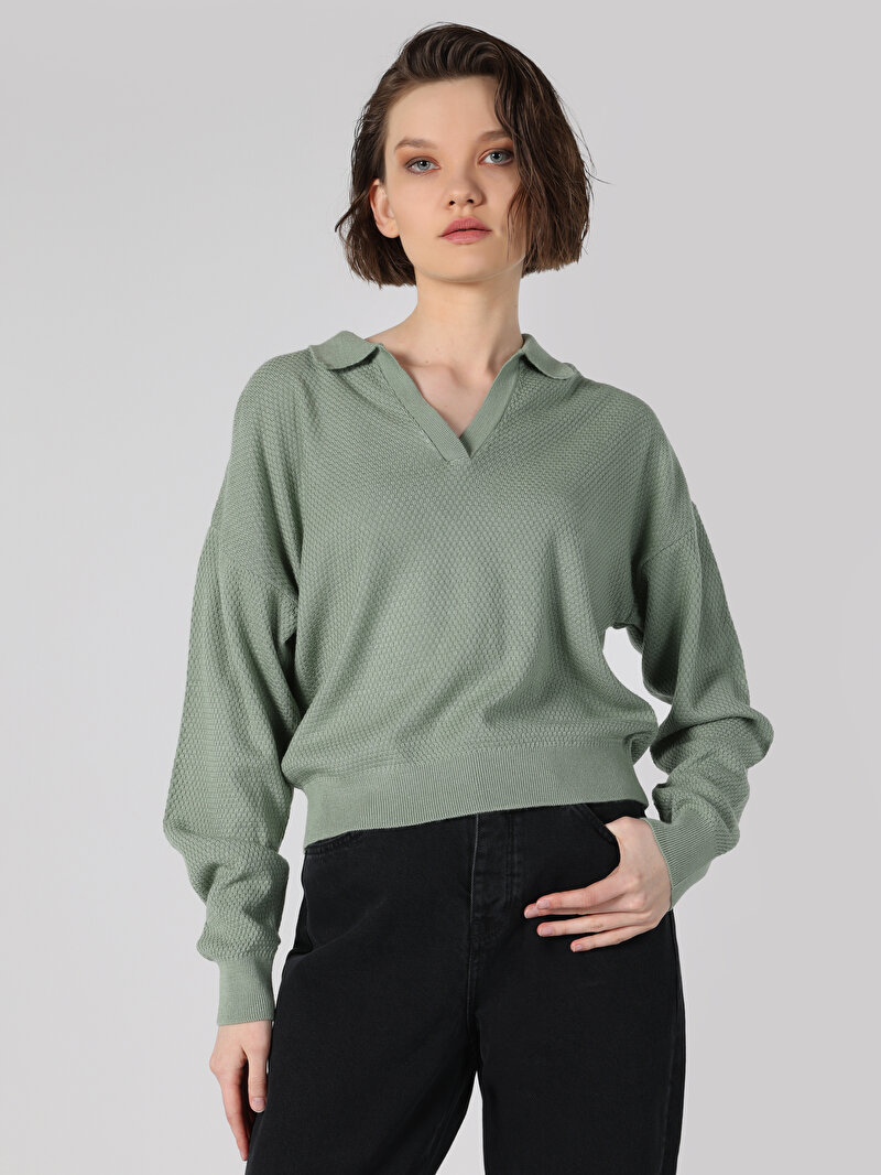 Regular Fit Polo Yaka Düz Kadın Yeşil Kazak