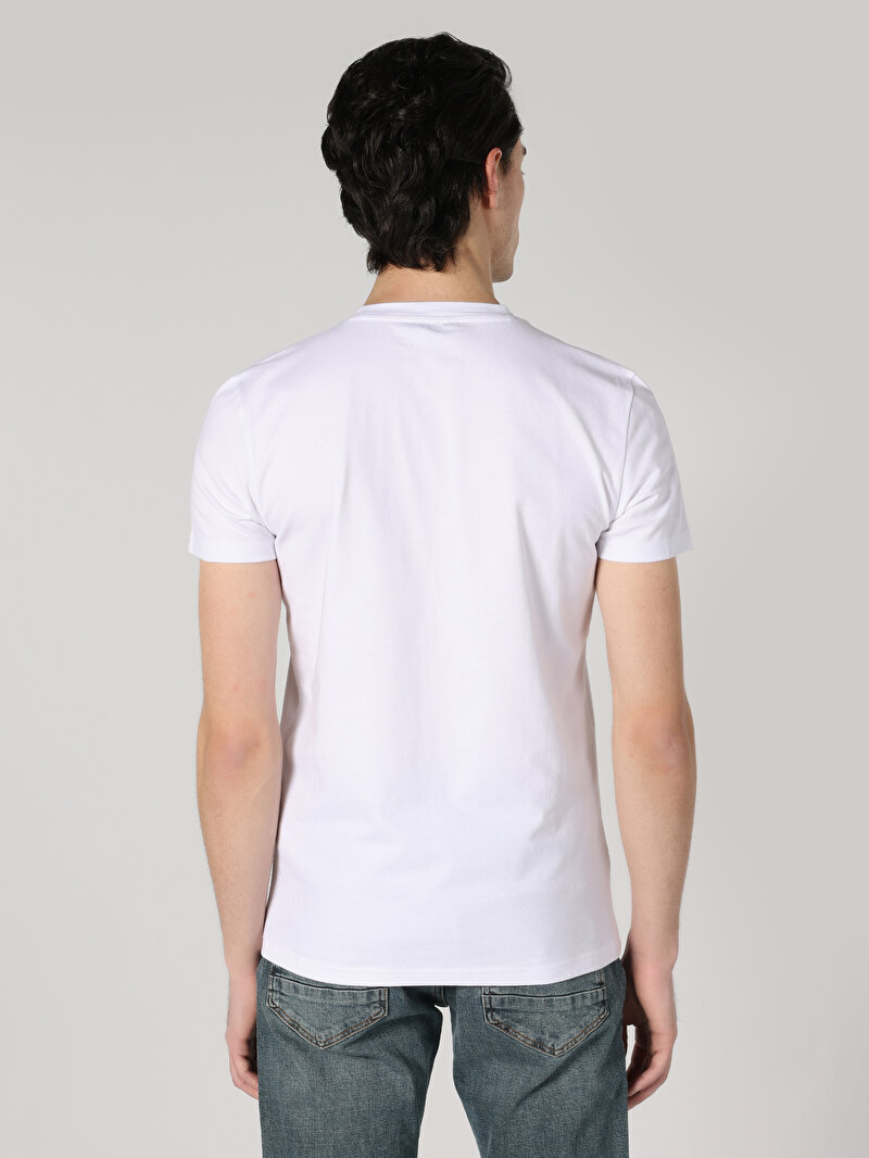 Slim Fit Yuvarlak Yaka Baskılı Erkek Beyaz Kısa Kol Tişört