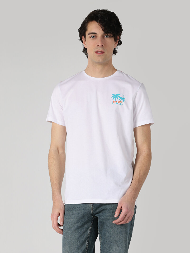 Regular Fit Yuvarlak Yaka Baskılı Erkek Beyaz Kısa Kol Tişört