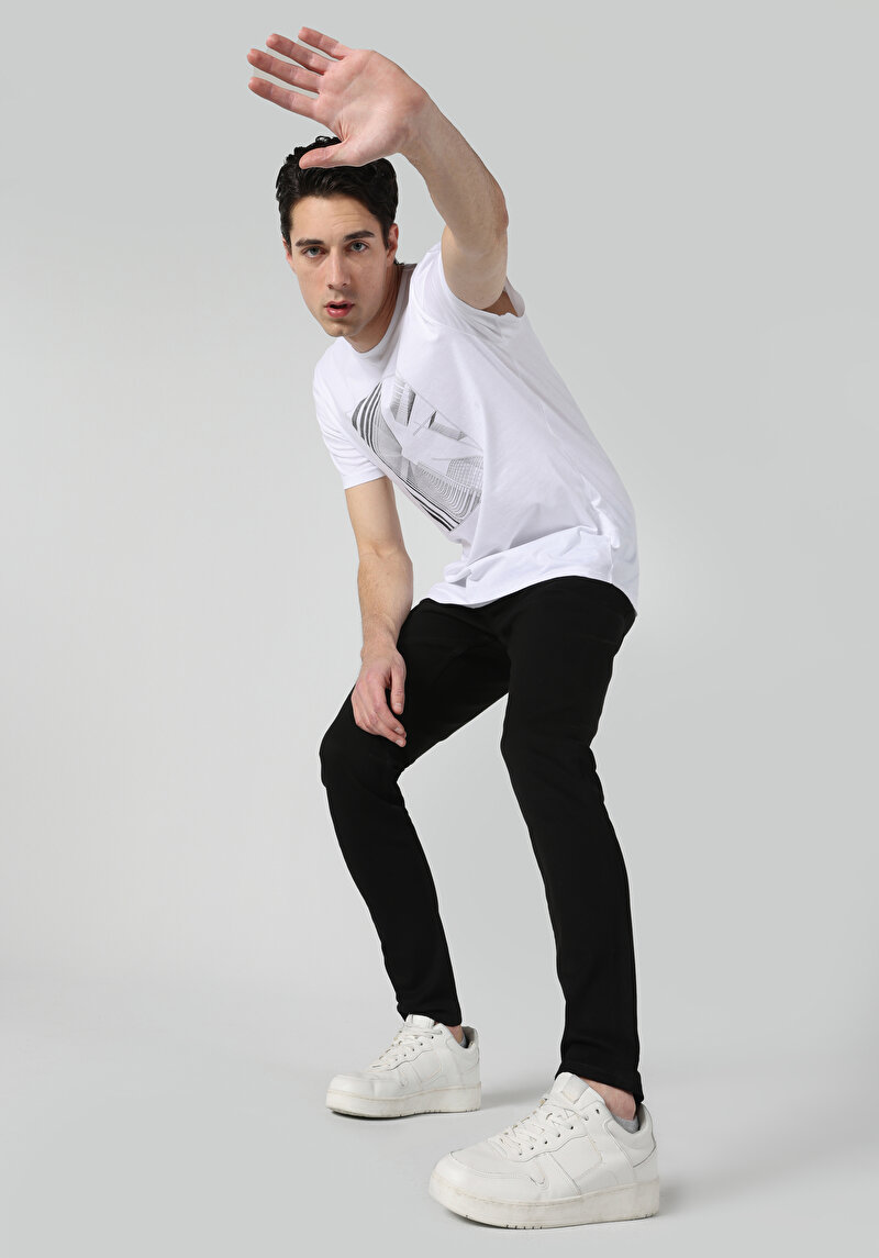 Regular Fit Yuvarlak Yaka Baskılı Erkek Beyaz Kısa Kol Tişört