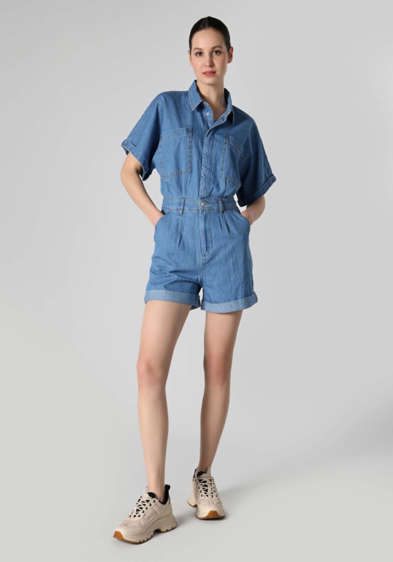 Regular Fit Yüksek Bel Düz Kadın İndigo Jean Şort