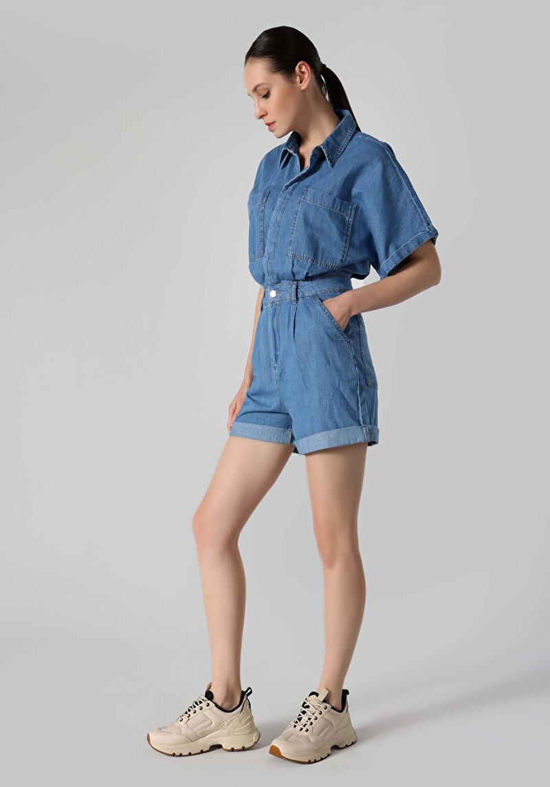 Regular Fit Yüksek Bel Düz Kadın İndigo Jean Şort