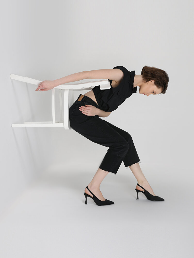 Regular Fit Shirt Neck Kadın Siyah Kısa Kol Gömlek