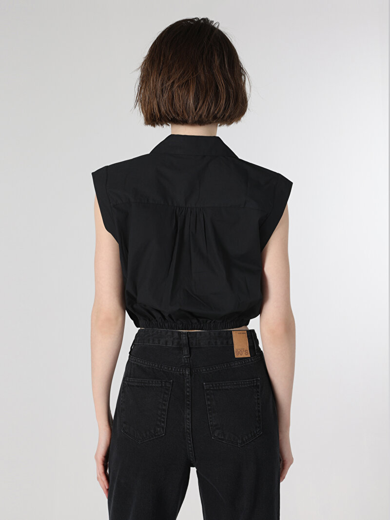 Regular Fit Shirt Neck Kadın Siyah Kısa Kol Gömlek