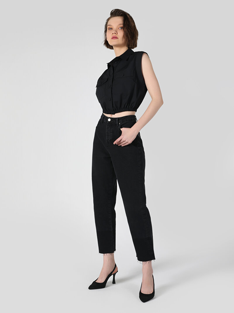 Regular Fit Shirt Neck Kadın Siyah Kısa Kol Gömlek