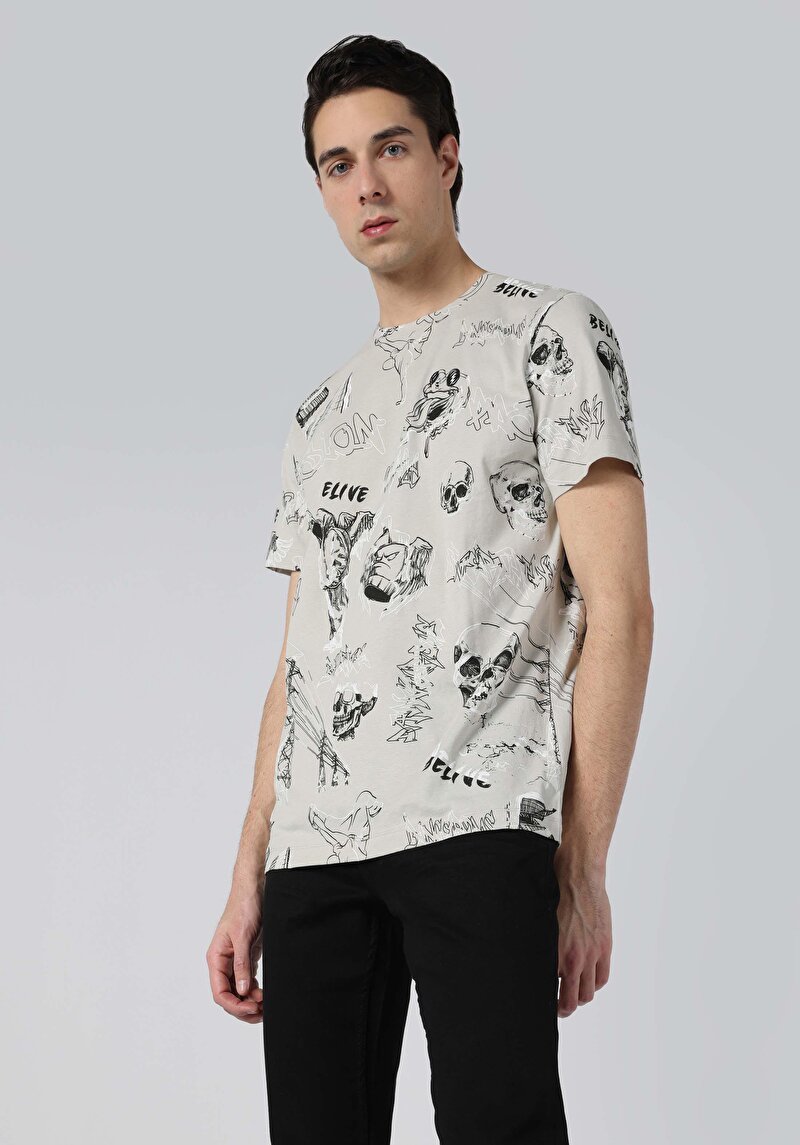 Regular Fit Yuvarlak Yaka Baskılı Erkek Gri Kısa Kol Tişört