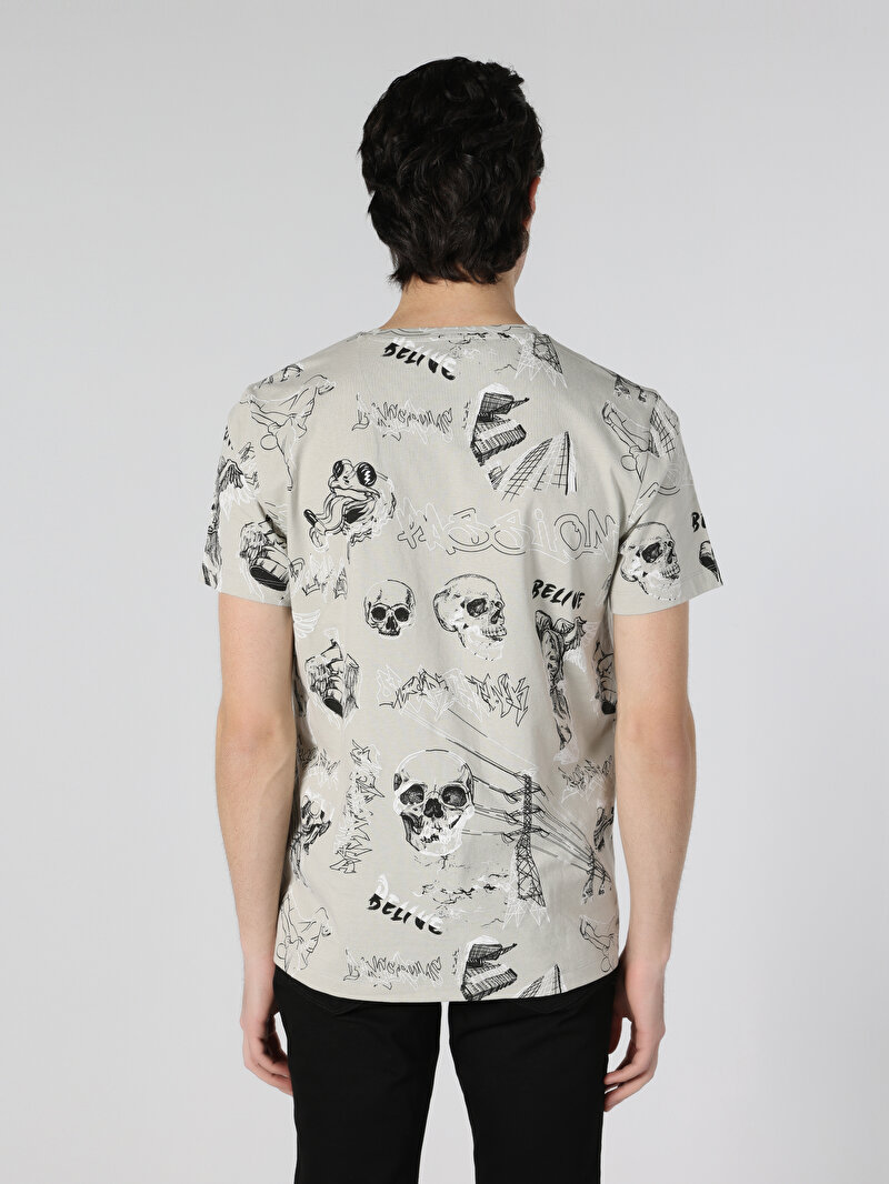 Regular Fit Yuvarlak Yaka Baskılı Erkek Gri Kısa Kol Tişört