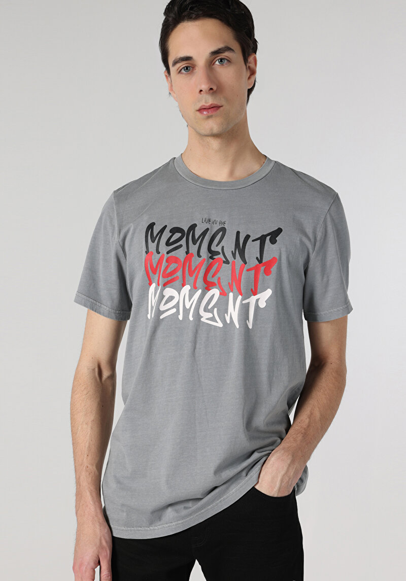 Regular Fit Yuvarlak Yaka Düz Erkek Gri Kısa Kol Tişört