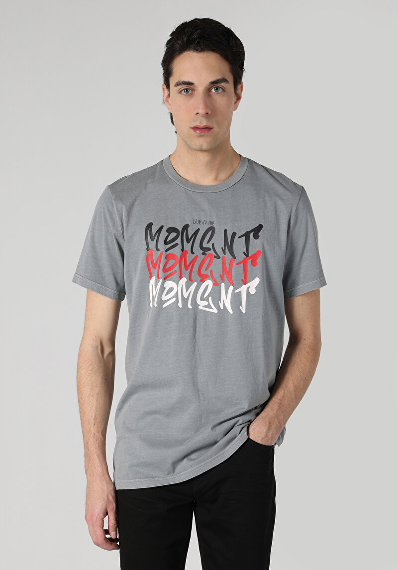 Regular Fit Yuvarlak Yaka Düz Erkek Gri Kısa Kol Tişört