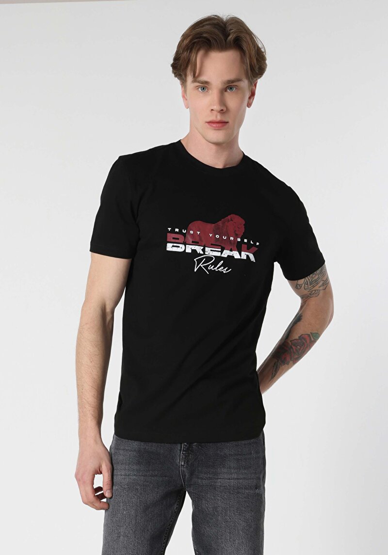 Regular Fit Yuvarlak Yaka Baskılı Erkek Siyah Kısa Kol Tişört