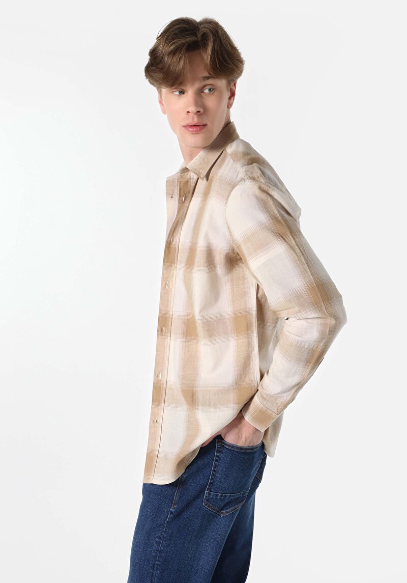 Regular Fit Shirt Neck Ekoseli Erkek Bej Uzun Kol Gömlek