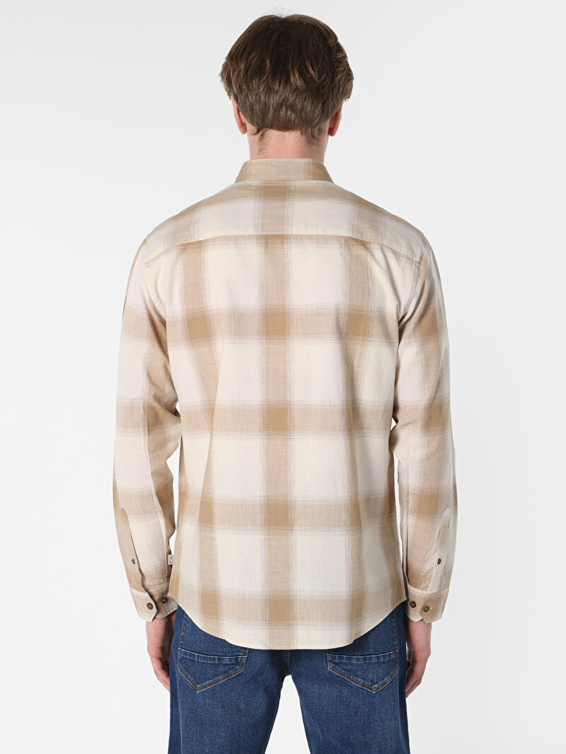 Regular Fit Shirt Neck Ekoseli Erkek Bej Uzun Kol Gömlek