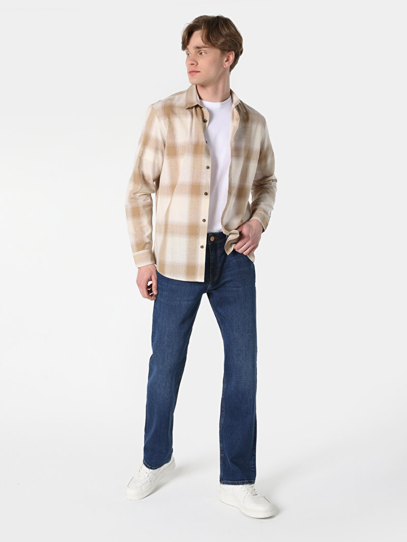 Regular Fit Shirt Neck Ekoseli Erkek Bej Uzun Kol Gömlek