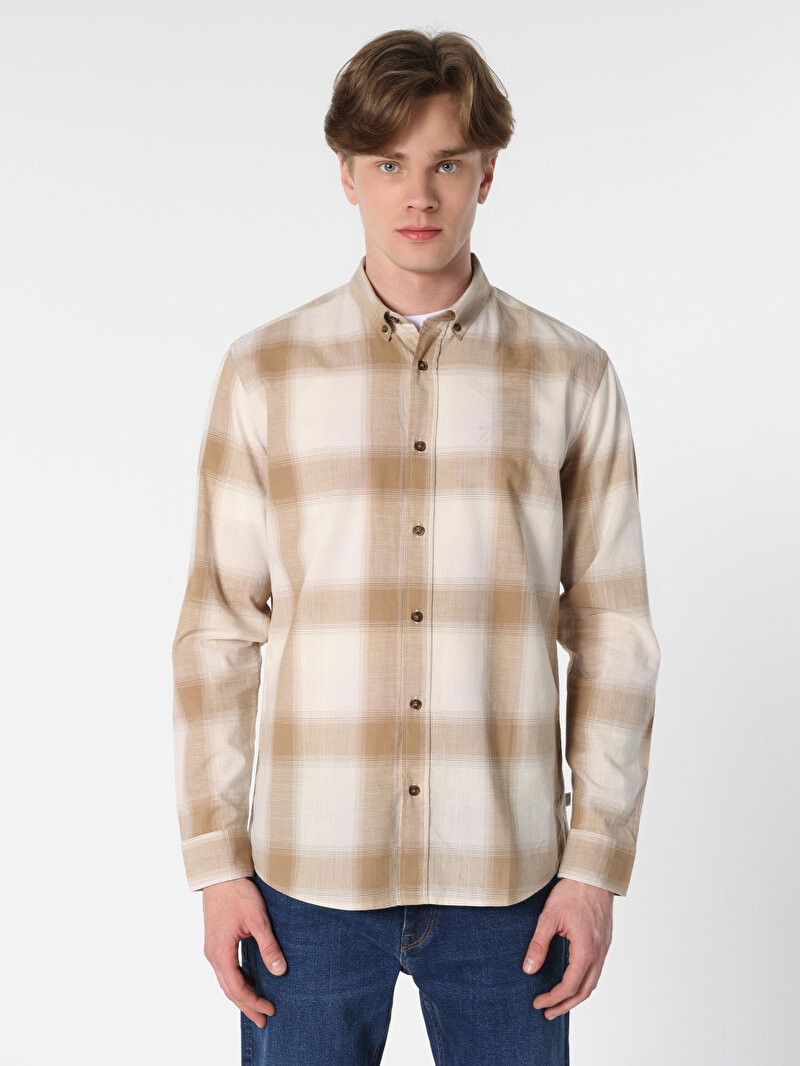 Regular Fit Shirt Neck Ekoseli Erkek Bej Uzun Kol Gömlek